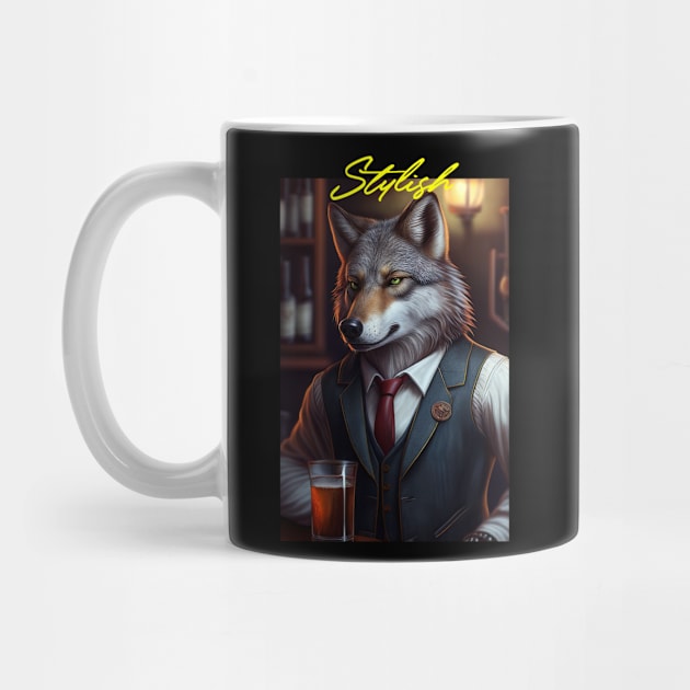 Wild And Classy Barkeeper Wolf In A Suit - Unique Wildlife Art Print For Fashion Lovers by Whimsical Animals